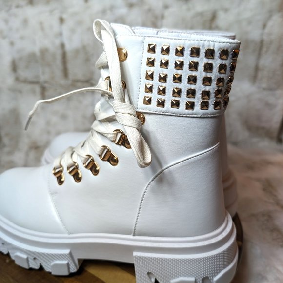 * Mata Shoes White Vegan Leather Studded Detail Fashion Combat Ankle Boots - Picture 2 of 15